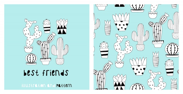 Illustration und nahtloses muster mit nettem kaktus