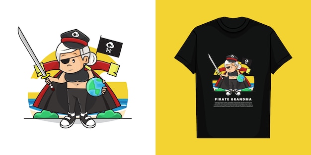 Vektor illustration und t-shirt der niedlichen oma, die piratenkostüm trägt