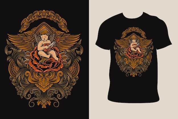 Illustration vektor cupid engel spielt gitarre sitzt auf rose mit ornament auf t-shirt-design