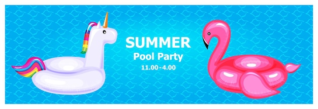 Illustration vektor flache niedliche karikatur von aufblasbaren oder schwimmern auf einladungskarte sommer pool party