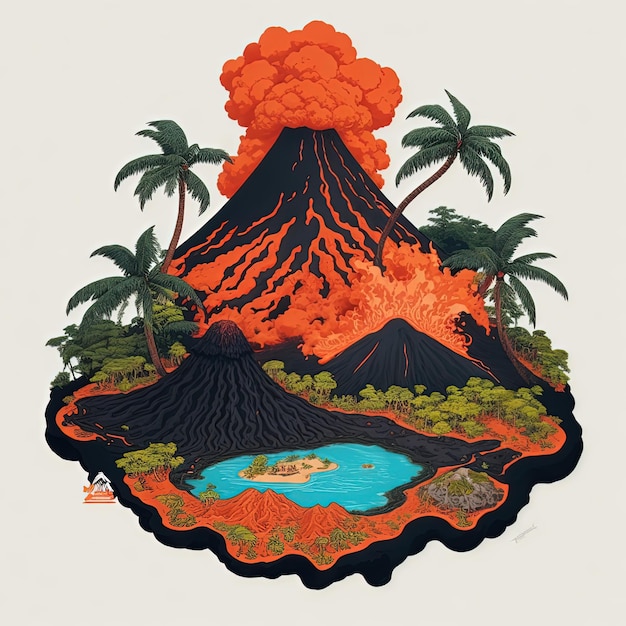 Illustration vektor insel mit baum-lava-vulkan