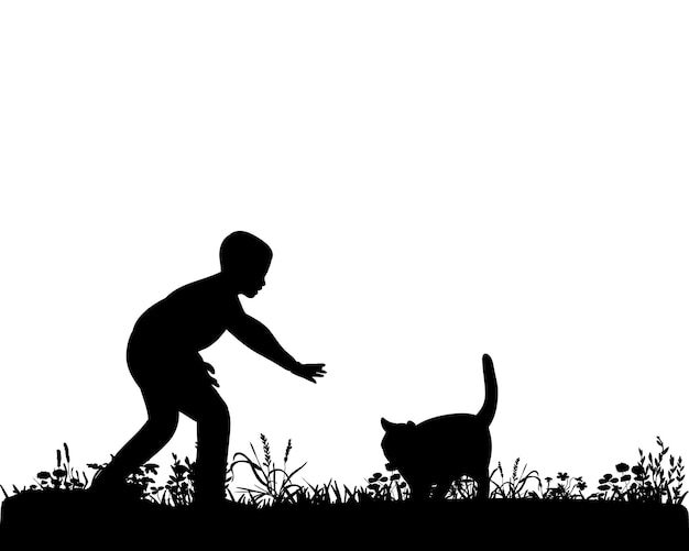 Illustration, Vektor, Silhouette Junge und Katze