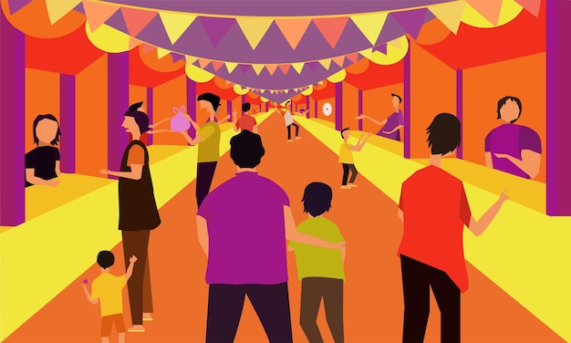 Illustration Vektorgrafik eines überfüllten Sommerfestivalsmarktes