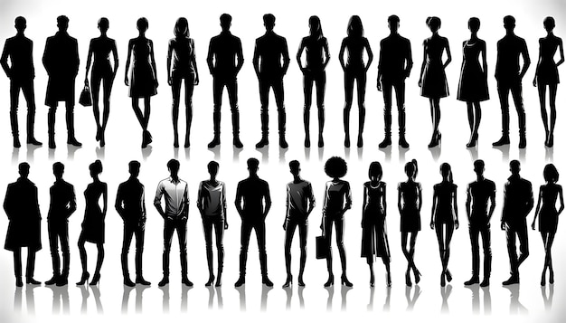 Illustration verschiedener silhouetten von männern und frauen, die in verschiedenen posen stehen