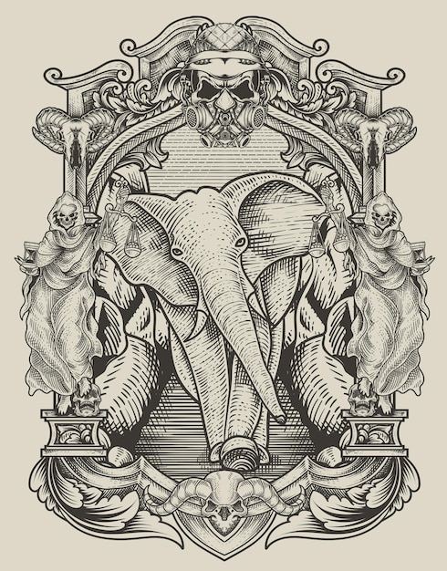 Illustration vintage elefant mit gravur-stil