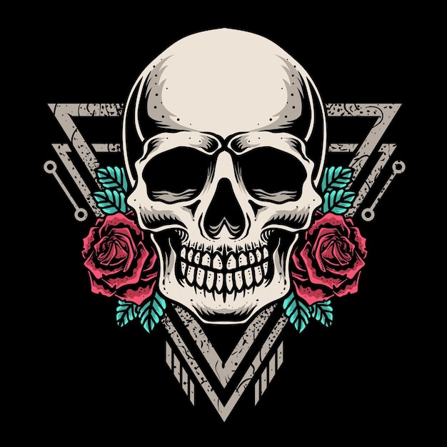 Illustration Vintage-Schädel mit Rosenblume Handgezeichneter Vektor gut für T-Shirt-Poster und Logo