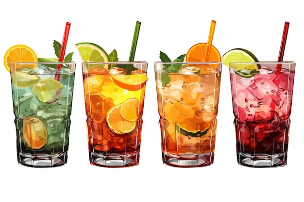 Illustration von alkoholischen cocktails in verschiedenen farben mit strohhalmen ein satz von isolierten cocktail-sticks