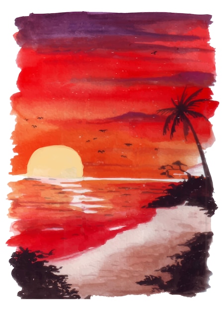 Illustration von Ansichten des Sonnenuntergangsaquarells mit einem rötlichen Licht, das am Strand und den umgebenden Wolken brennt.