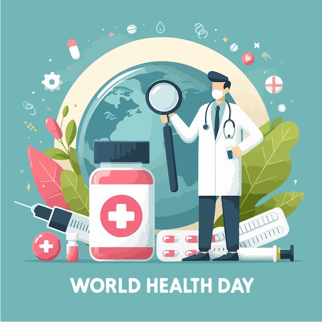 Illustration von Arzt und Medizin mit Text Weltgesundheitstag