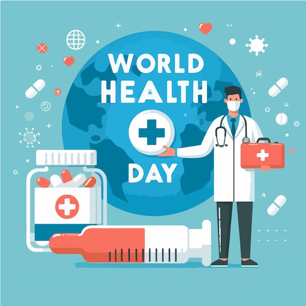 Illustration von Arzt und Medizin mit Text Weltgesundheitstag