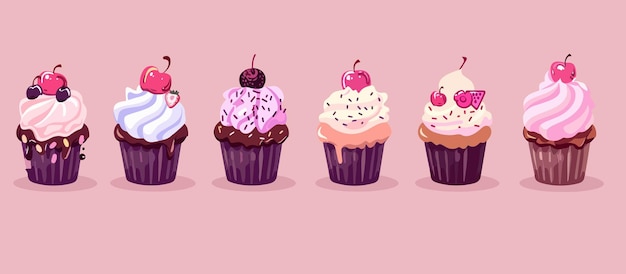 Vektor illustration von beeren-cupcakes auf einem rosa hintergrund beere-cupcake-set