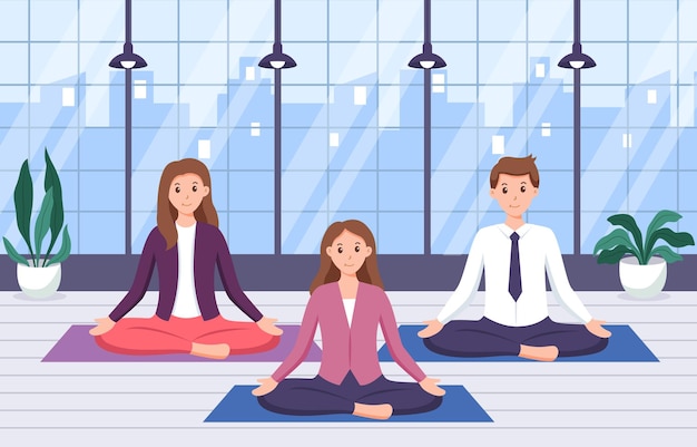 Illustration von büroangestellten, die im bürozimmer yoga praktizieren