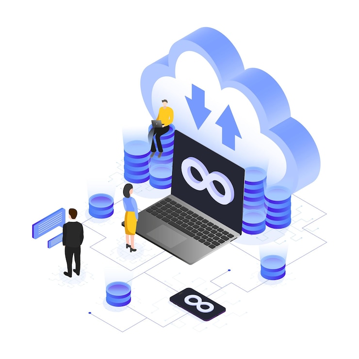 Vektor illustration von cloud devops, einer gruppe von menschen, die an einem projekt arbeiten