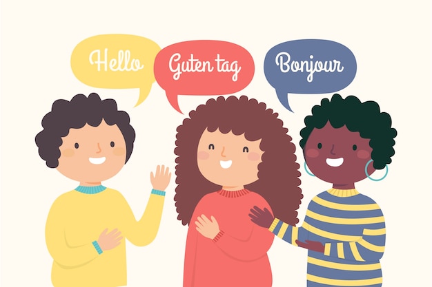 Illustration von den jungen Leuten, die in den verschiedenen Sprachen Guten Tag sagen