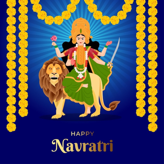 Illustration von devi durga in happy navratri happy durga puja mit schönem blauem hintergrund