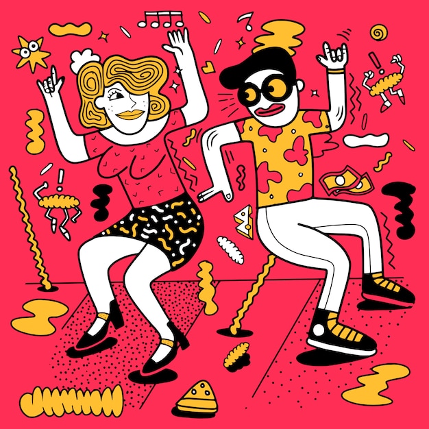 Illustration von discoparty-tanzenmännern und -frauen. gezeichnete illustration der retro- comic-buch-vektorkarikatur der pop-art hand