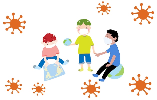 Illustration von drei jungen, die über coronavirus sprechen