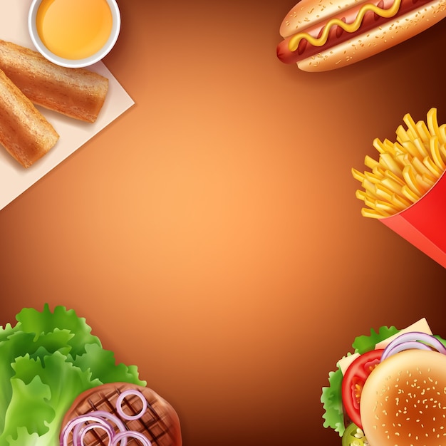 Illustration von fast-food-mahlzeit: pommes frites, hot dog, cheeseburger