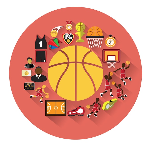 Illustration von flachen basketballikonen, die mit langem schatteneffekt eingestellt werden