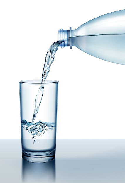 Vektor illustration von frischem wasser, das von der plastikflasche in glas lokalisiert auf weißem hintergrund gießt