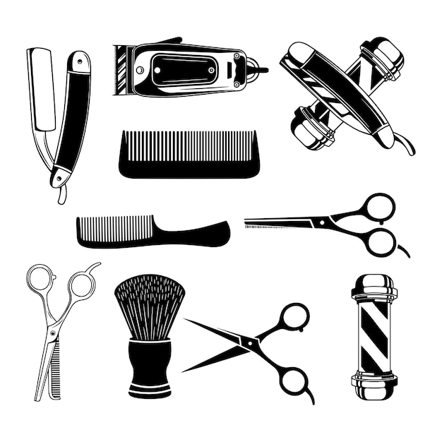 Illustration von Friseurwerkzeugen und -geräten in Schwarz-Weiß