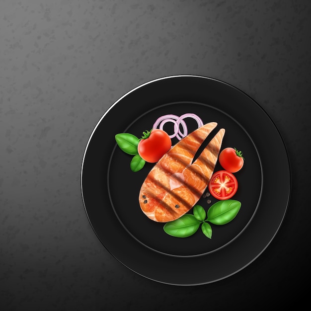 Illustration von gegrilltem rotem Fisch, Lachs und frischem Gemüse: Zwiebel, Tomatenkirsche und Basilikum, Nahaufnahme auf schwarzem Teller, Draufsicht