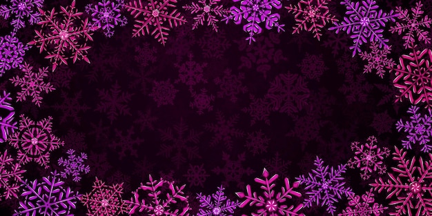 Illustration von großen, komplexen, durchscheinenden weihnachtsschneeflocken in roten und violetten farben, auf dem hintergrund mit fallendem schnee