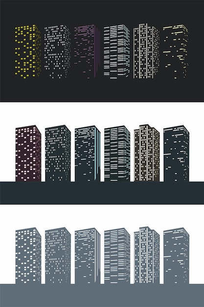 Illustration von großstadt-wolkenkratzern in verschiedenen farben silhouetten im set