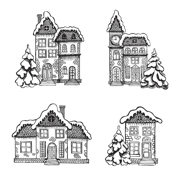 Illustration von häusern weihnachtsgrußkarte set von handgezeichneten gebäuden
