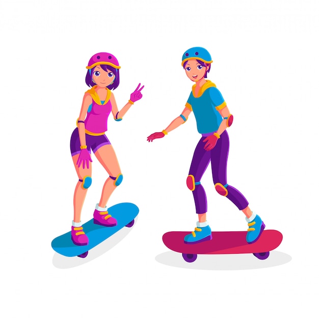 Illustration von jungen und mädchen spielen skateboard im cartoon-stil