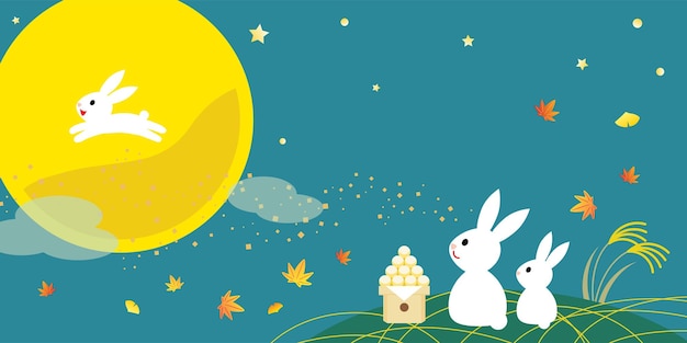 Illustration von kaninchen und knödeln und japanischem pampasgras beim betrachten des mondes.