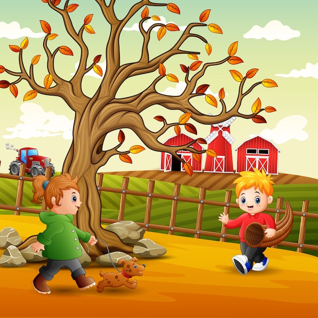 Illustration von Kindern, die in der Farm spielen