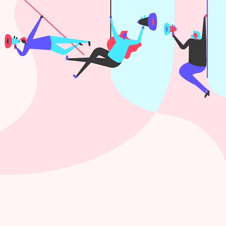 Vektor illustration von leuten, die an der decke mit megaphonen hängen, die neue ankündigung machen. team-strichzeichnung, die oben mit megaphon schwingt, um späte werbung zu fördern.