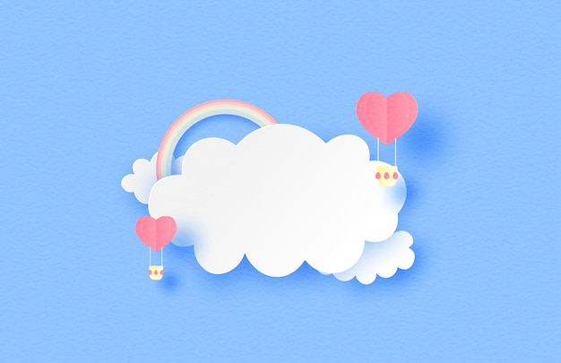 Illustration von liebesbanner herzform heißluftballon schwebend auf wolken und regenbogen in papierschnitt