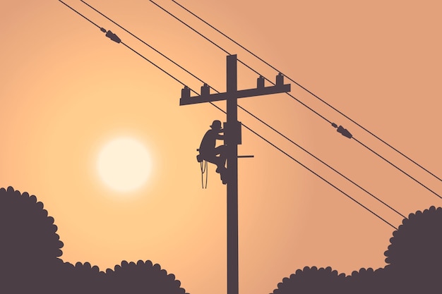 Vektor illustration von lineman mit elektrischer installation auf der stadt für den elektrischen dienst moderner vecto