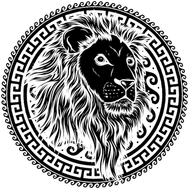 Illustration von Löwenkopf mit kreisförmigen Ornamenten
