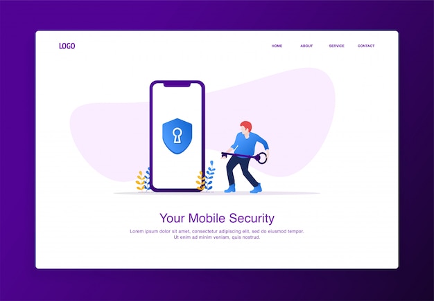 Illustration von männern tragen den schlüssel, um bewegliche sicherheit freizuschalten. modernes flaches konzept des entwurfes, zielseitenschablone.
