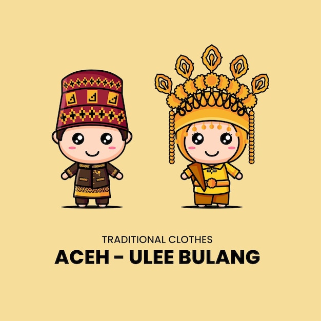 Illustration von niedlichem paar chibi-charaktere, die ulee balang aus aceh, indonesien, tragen