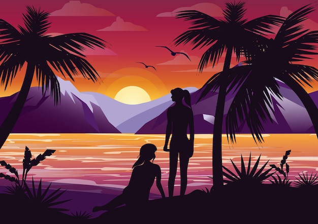 Illustration von paar mädchen freunde silhouette am strand unter der palme auf sonnenuntergang hintergrund und berge in.