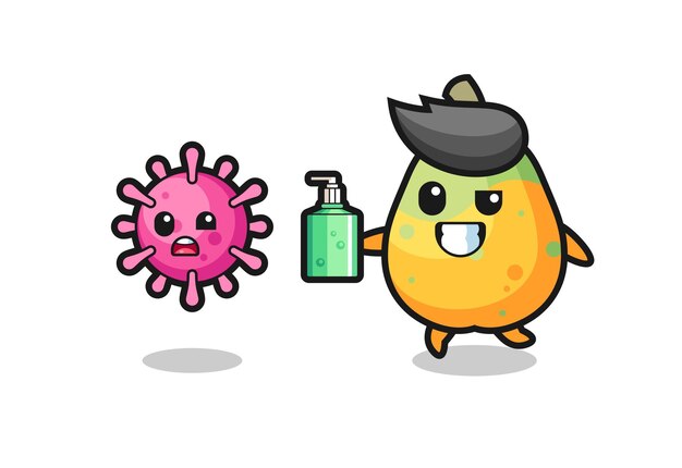 Illustration von papaya-charakter, die bösen virus mit händedesinfektionsmittel jagen, niedliches design für t-shirt, aufkleber, logo-element