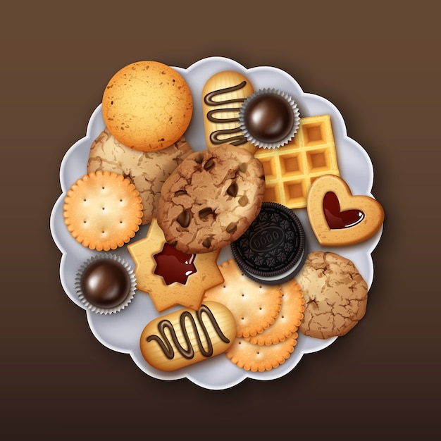Vektor illustration von realistischen süßen gelee-, butter- und schokoladenkeksen