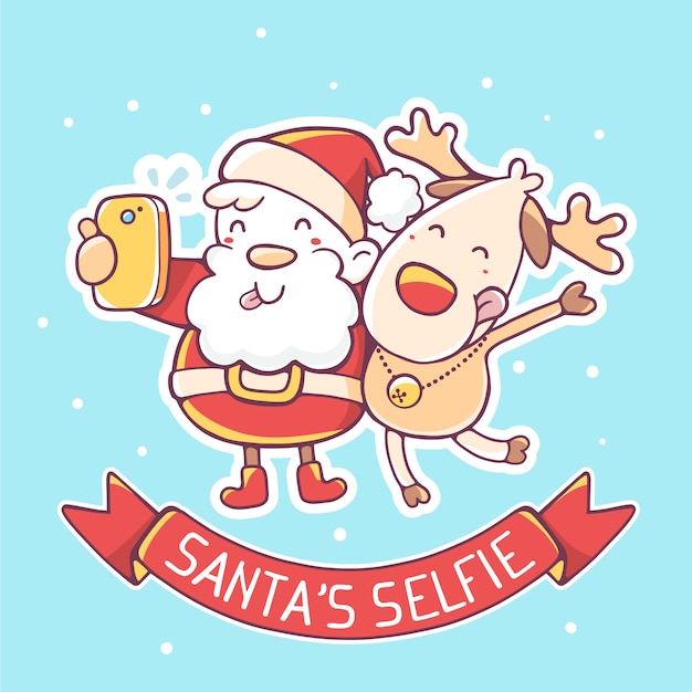 Illustration von santa claus und rentier machen selfie mit roter schleife