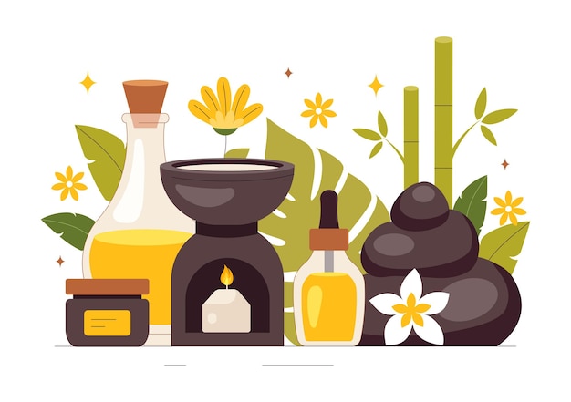 Illustration von Spa Beauty and Health mit natürlichen Kosmetika und umweltfreundlichen Produkten für problematische Haut- oder Gesichtsbehandlungen bei Frauen