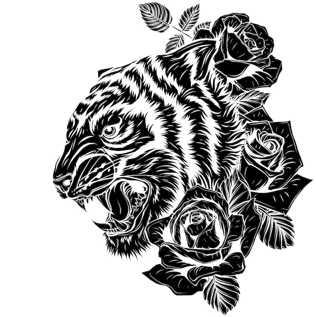 Illustration von tigerkopf mit rose