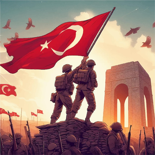 Illustration von türkischen soldaten mit der flagge der türkei und dem dardanellen-denkmal