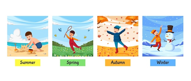 Illustration von vier jahreszeiten des jungen, herbstfallwintersommerfrühlingsaktivität. süßer junge, der in verschiedenen jahreszeiten glückliches freudenillustrationskonzept spielt