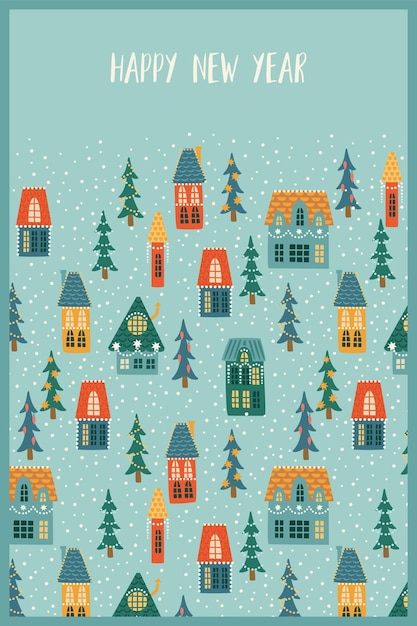 Illustration von weihnachten und happy new year stadthäuser weihnachtsbäume schnee neujahrssymbole vektordesign