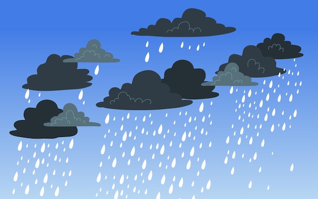 Illustration von Wolke und Regen auf dunklem Hintergrund, starker Regen, Regenzeit, Papierschnitt und flacher Stil