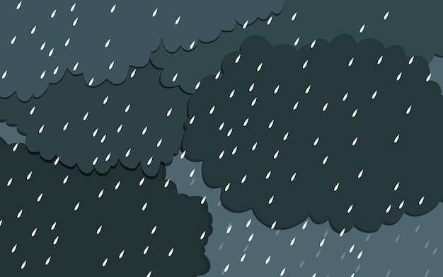 Illustration von Wolke und Regen auf dunklem Hintergrund, starker Regen, Regenzeit, Papierschnitt und flacher Stil