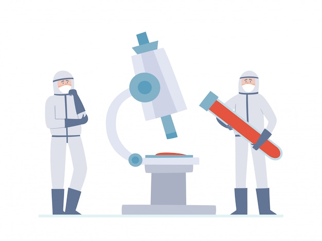 Illustration von zwei winzigen ärzten - wissenschaftler und großes mikroskop isoliert auf weiß. denken medizinische arbeiter und große röhre mit blut in präventionsmasken von städtischer luftverschmutzung, coronavirus.